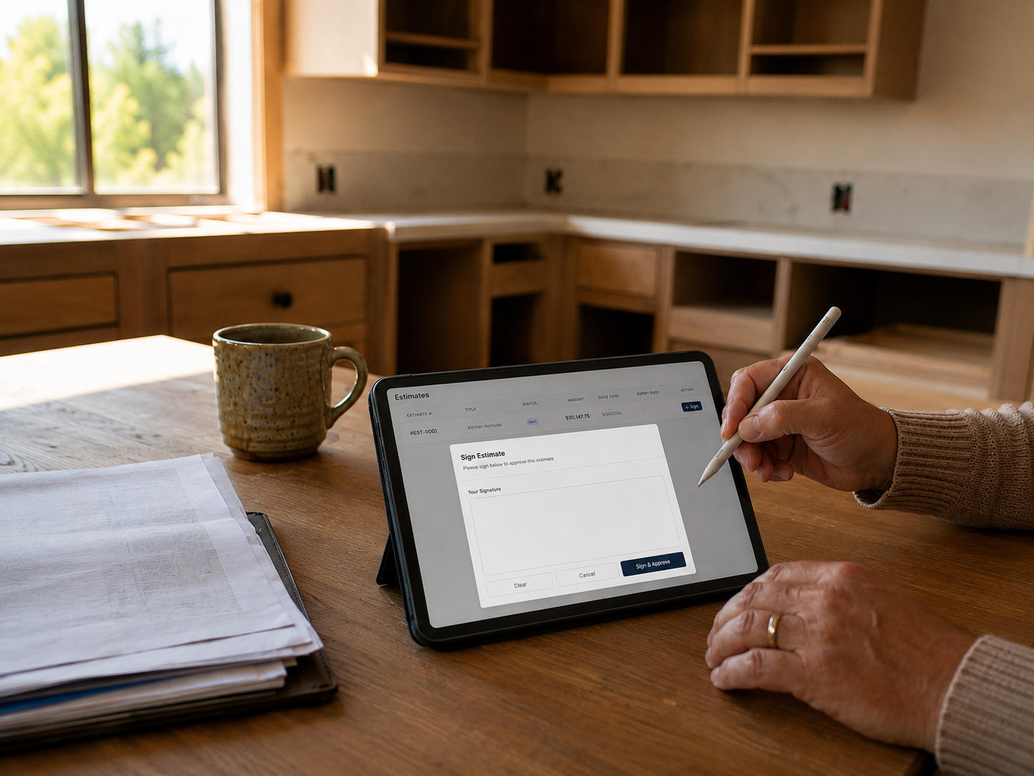 A homeowner signing at the kitchen table
